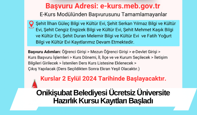 Onikişubat Belediyesi Ücretsiz Üniversite Hazırlık Kursu Kayıtları Başladı