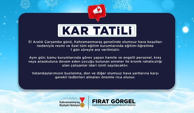 31 Aralık’ta Eğitime 1 Günlük Kar Arası!