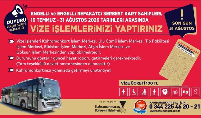 Engelli ve Engelli Refakatçi Serbest Kartlarında Vize Yenileme Dönemi Başladı