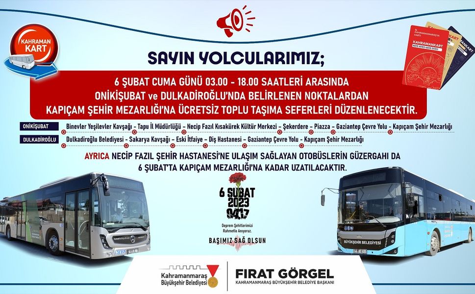 Büyükşehir’den 6 Şubat’ta Mezarlık Ziyaretleri İçin Ücretsiz Ulaşım